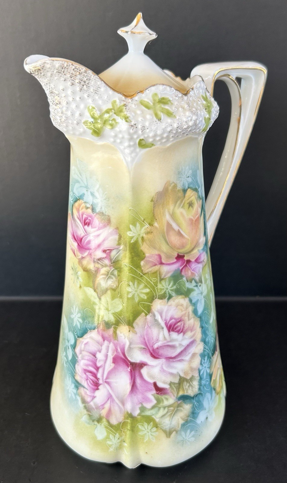 Antique RS Prussia Porcelain Chocolate Pot Yellow With Roses