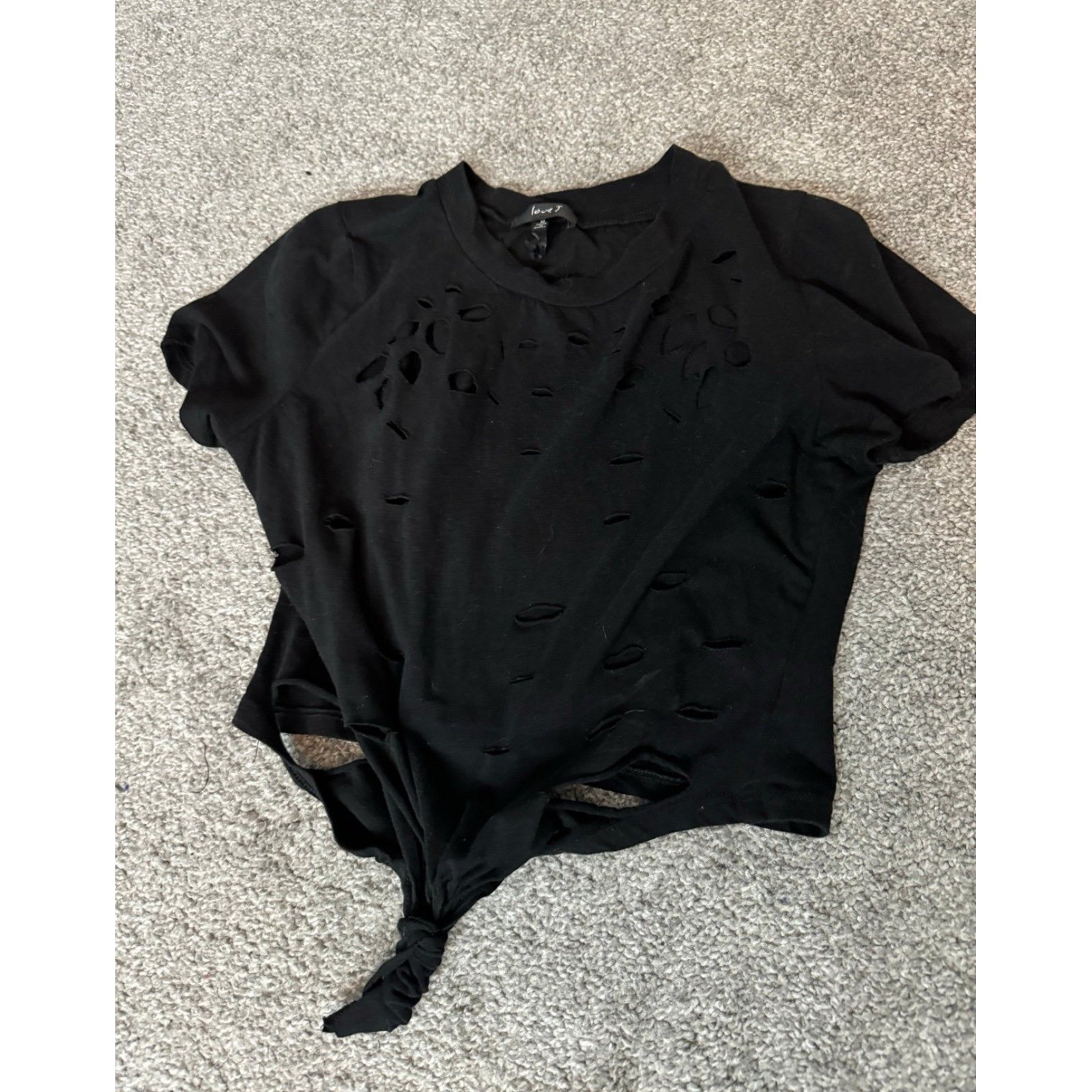 Love J Distressed Cropped T Shirt Black Front Tie Knot Shredded Top Medium Love J Distressed Cropped T Shirt Black Front Tie Knot Shredded Top Medium