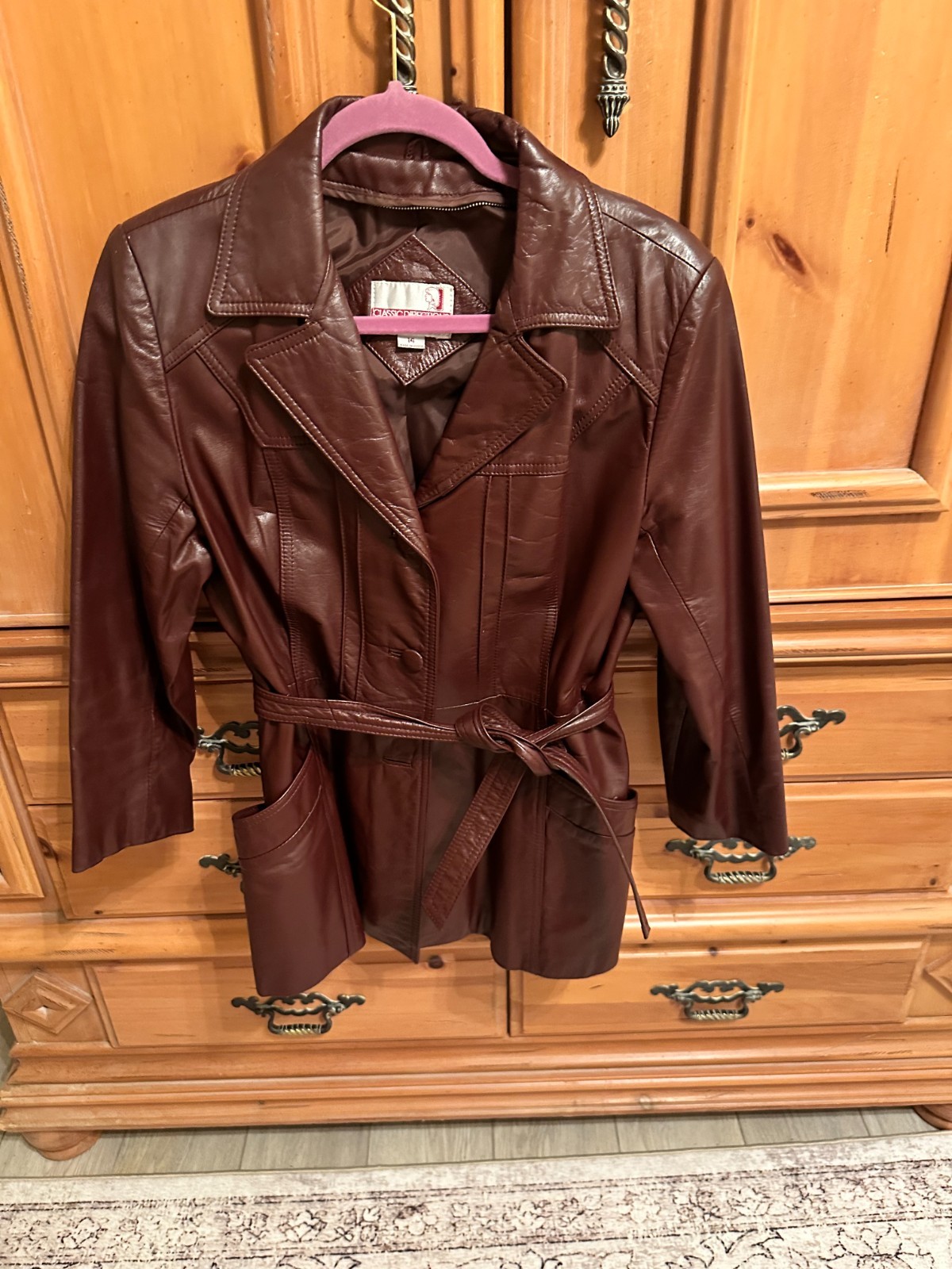 Vintage Oxblood Burgundy Leather Car Coat Women\'s Size 14 Belted 70s 80s Jacket