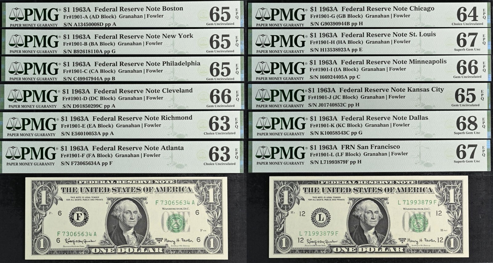 1963A $1 Federal Reserve Note PMG 68EPQ Complete 12 Note District Set PMG Graded