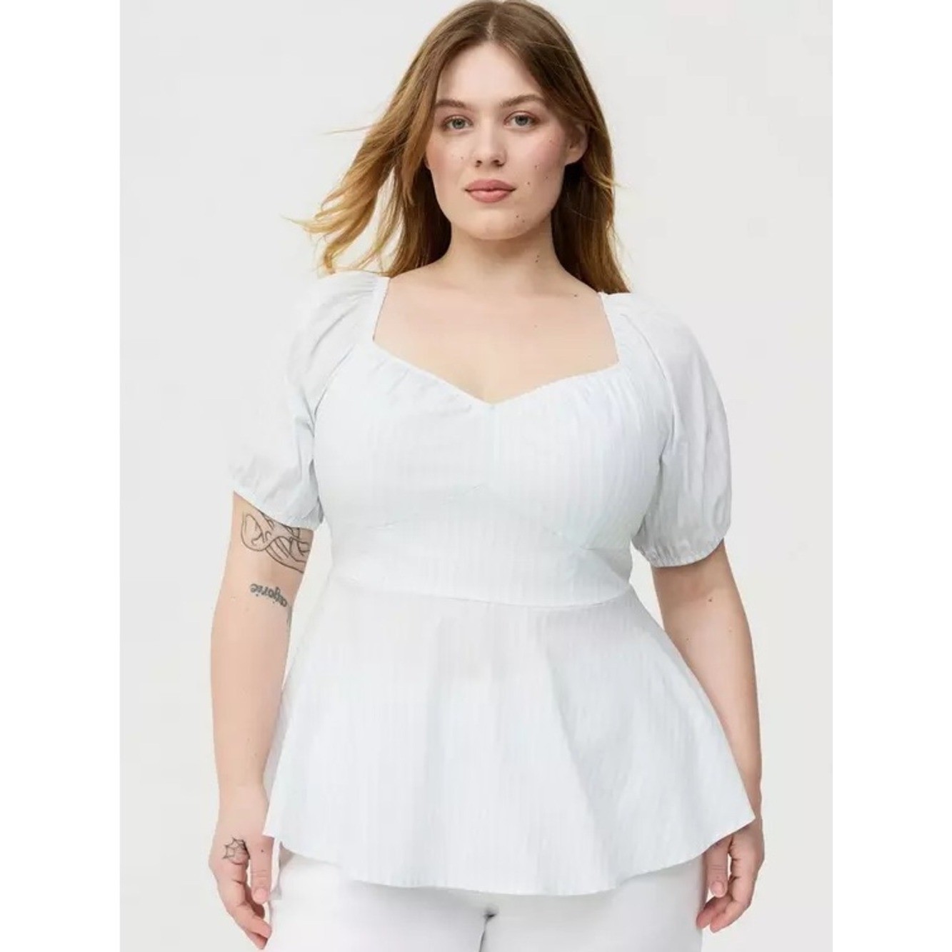 NWT Torrid 0 L Bright White Sweetheart Peplum Puff Sleeve Cotton Top