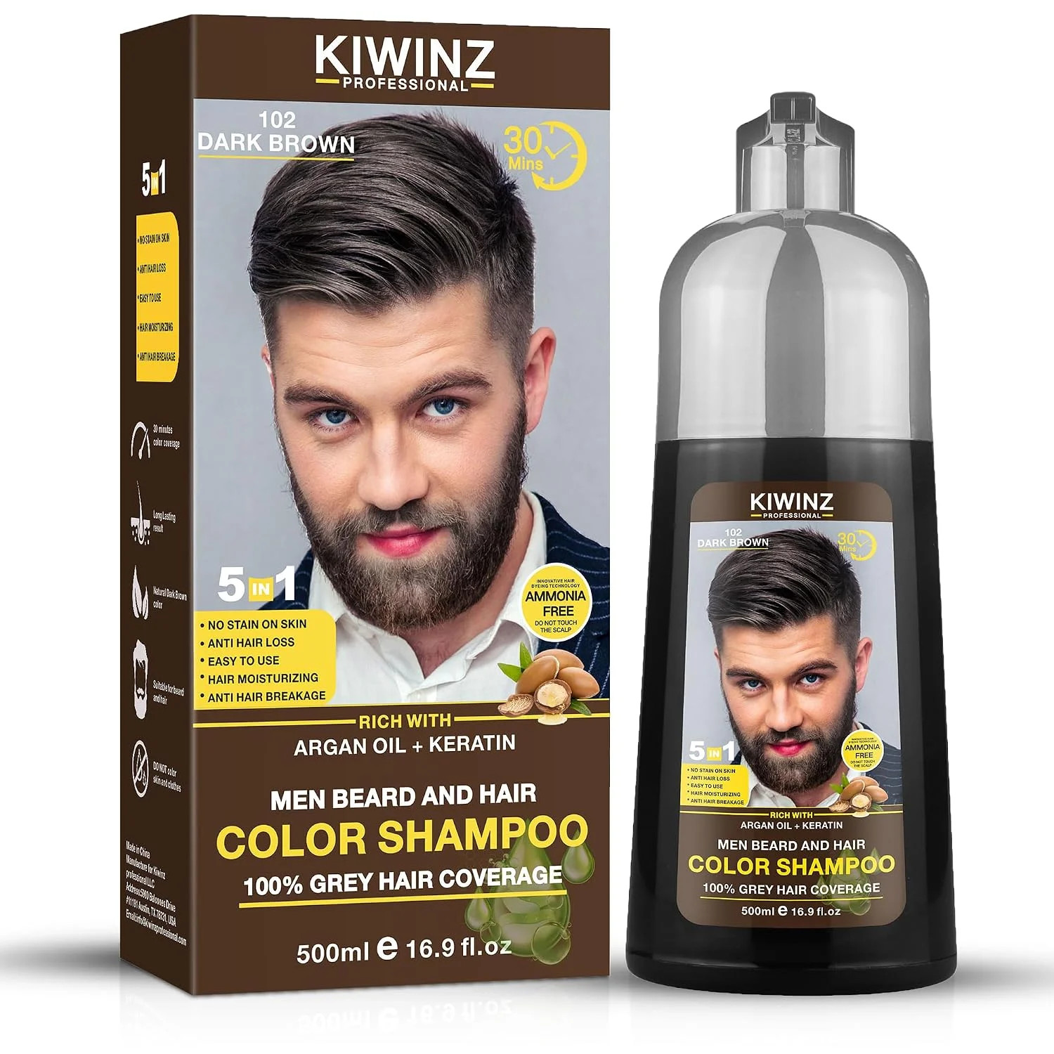 Kiwinz Professional Brown Hair Color Shampoo for Men – 5 in 1 Hair Dye Shampo...