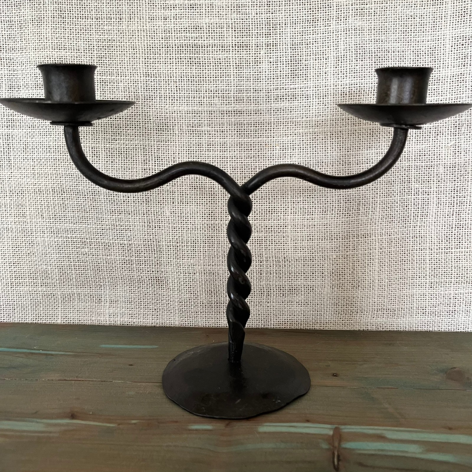 Vintage Wrought Iron Candelabra Signed CP Hand Forged 2 Candle Holder Brutalist Vintage Wrought Iron Candelabra Signed CP Hand Forged 2 Candle Holder Brutalist