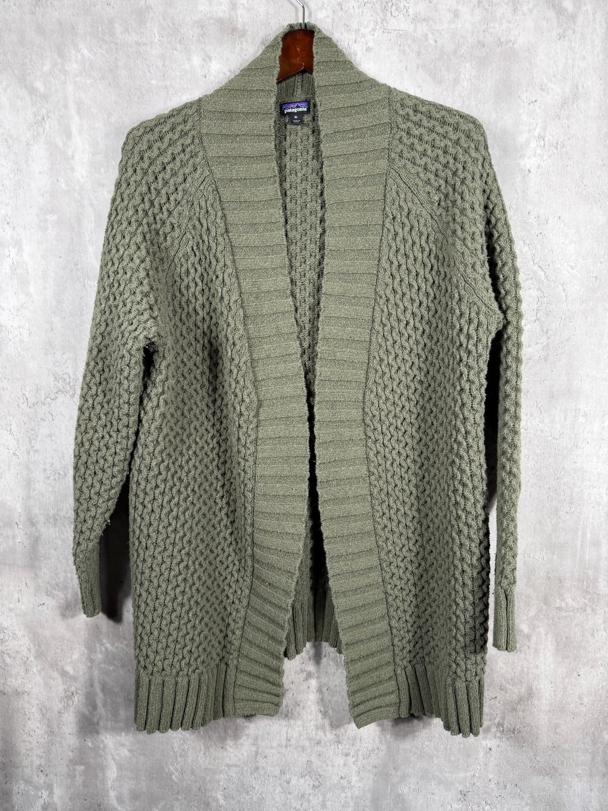 Patagonia Sweater Womens XL Green Off Country Cardigan Chunky Knit Open Patagonia Sweater Womens XL Green Off Country Cardigan Chunky Knit Open