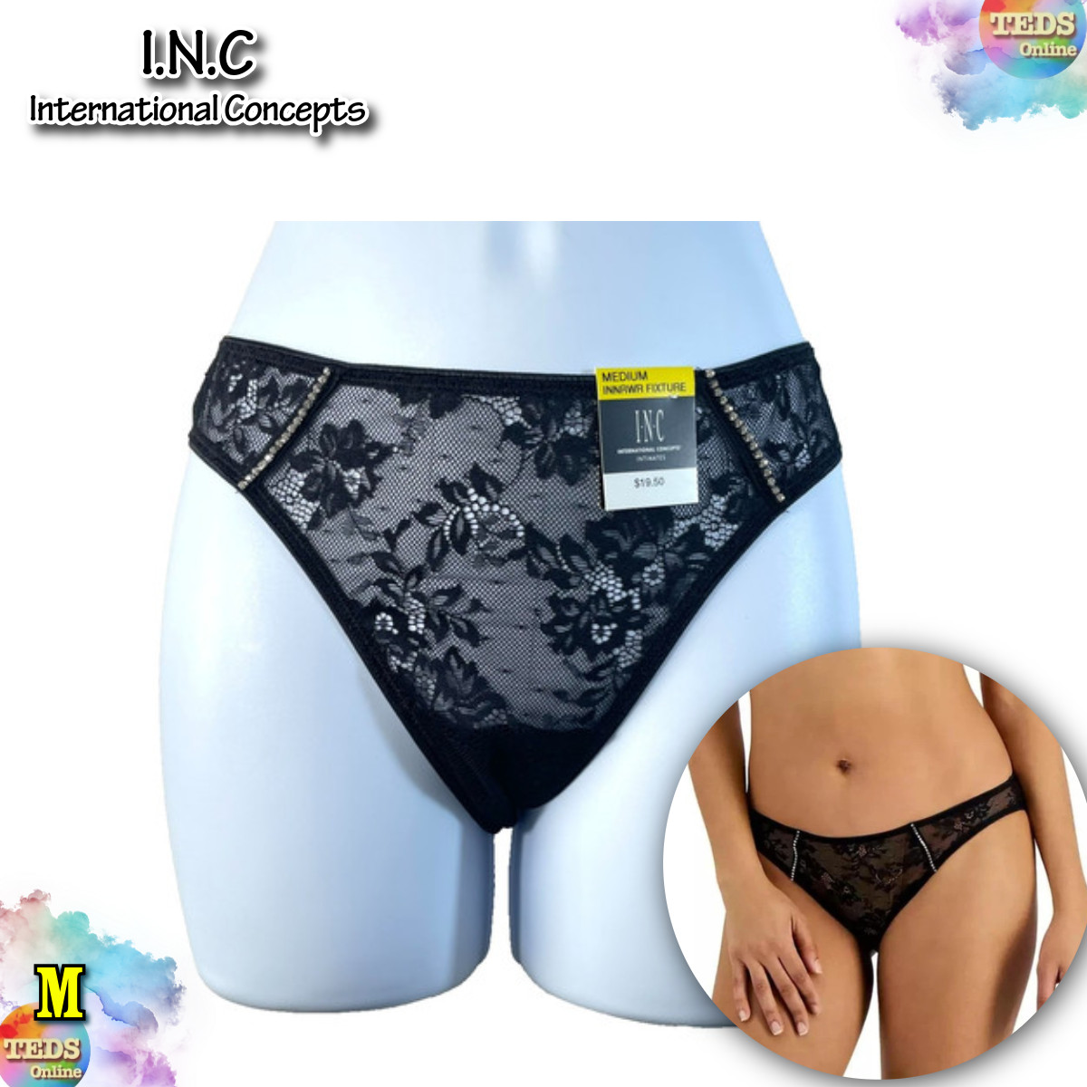 NWT INC International Concepts M Embellished Lace Bikini Panty 100182133, Black