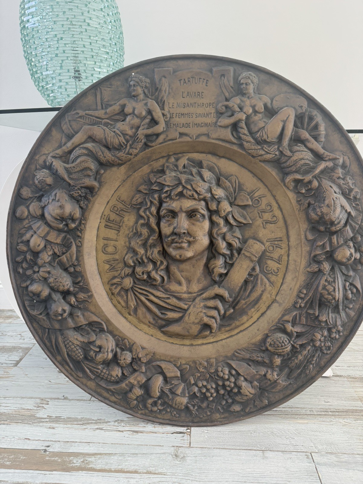 🔥 Fine Antique “Molière “ Solid Brass Repousse Plaque Sculpture