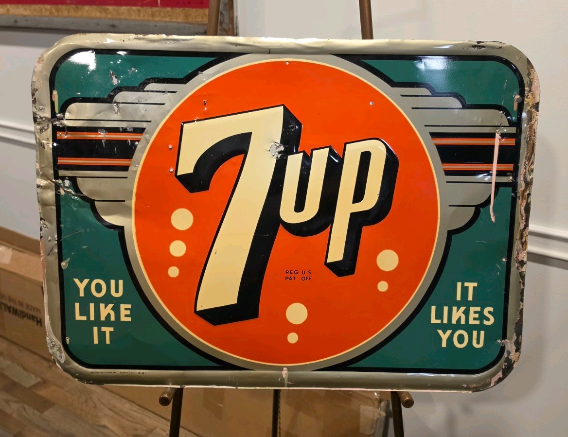 1941 Original Vintage 7UP Sign Metal You Like It Likes You RARE Early 1940's