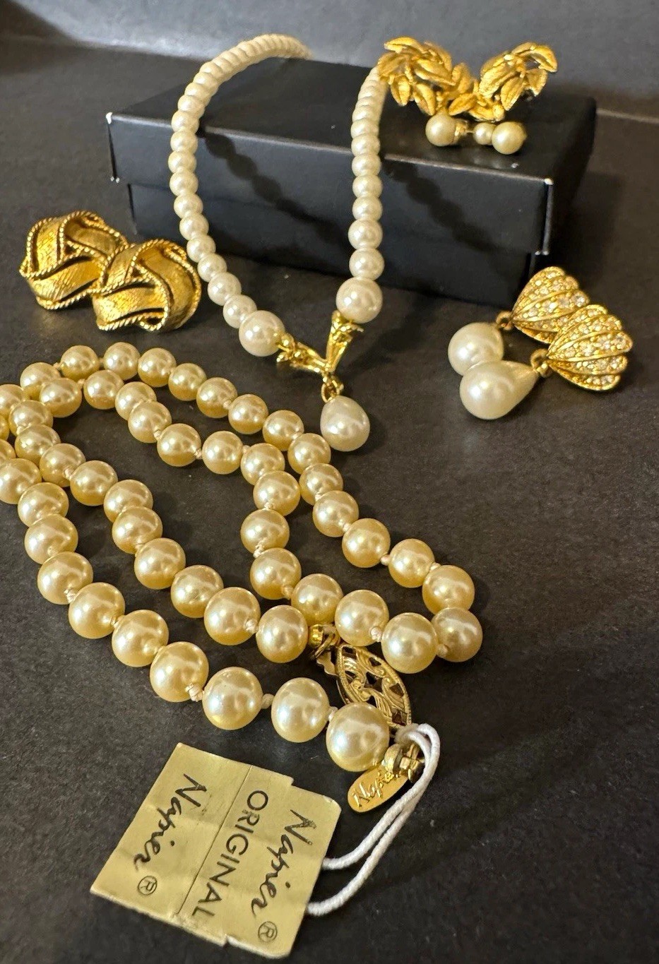 Vintage Napier Signed Imitation Pearl 6pc Set Gold Tone Necklace Earrings