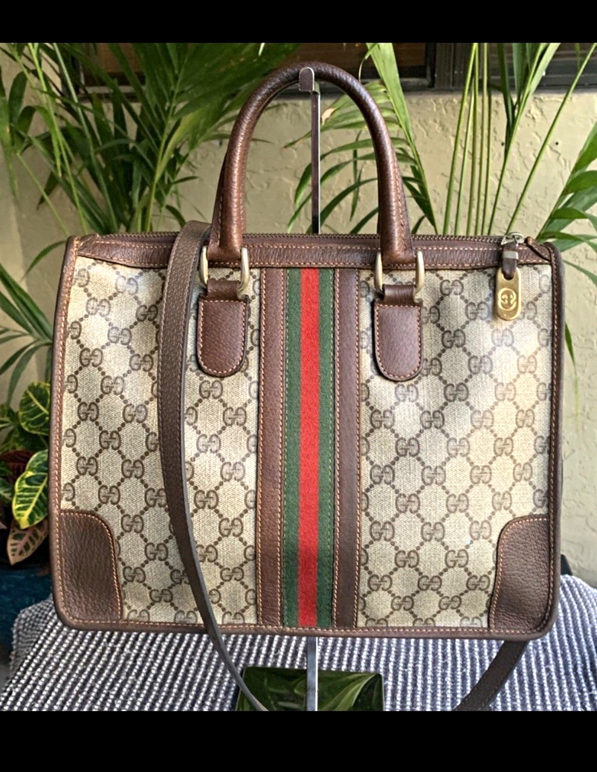 Authentic 1960s Gucci GG Monogram Web Stripe Zip Top Satchel Top Handle Bag