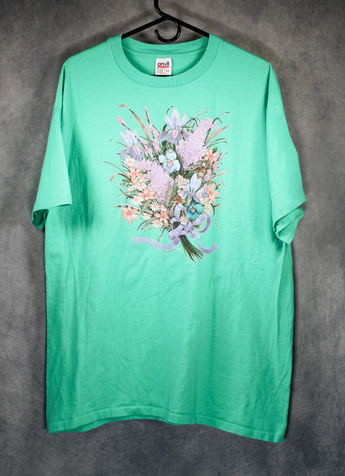 Vintage 1996 Anvil Floral Bouquet Graphic T-Shirt Mint Green Made in USA 2X