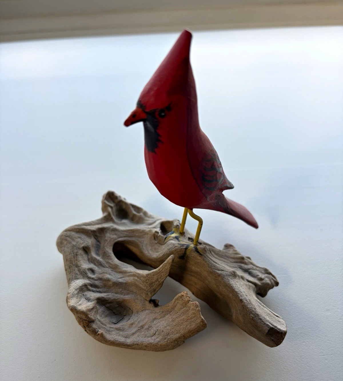 Cardinal Bird Figurine Statue on Driftwood Wood  5 inc high by 5.5 inc wide