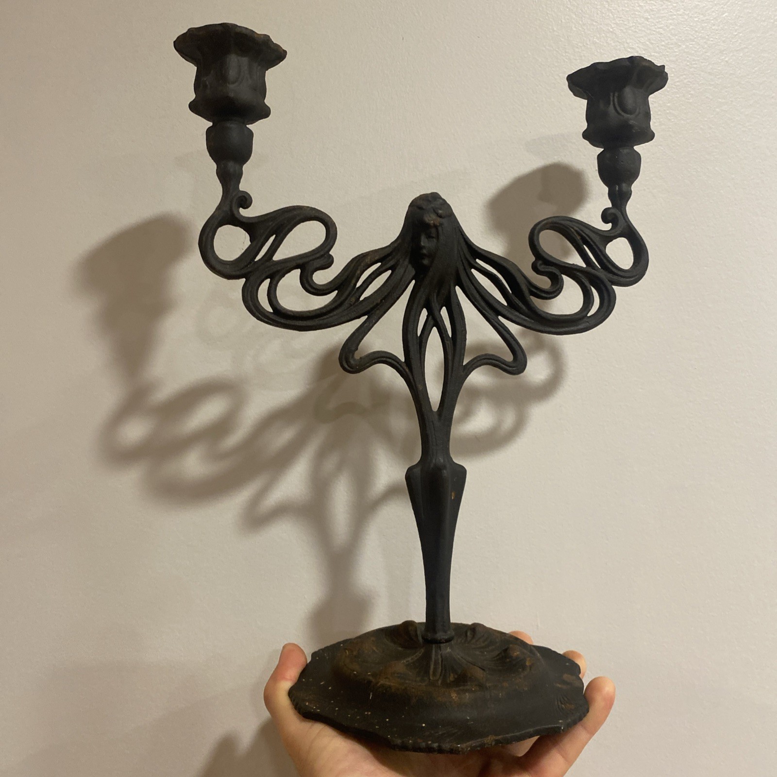 Art Nouveau Style Cast Iron Candelabra Siren Two-Arm Candle Holder Iron Art 70s Art Nouveau Style Cast Iron Candelabra Siren Two-Arm Candle Holder Iron Art 70s
