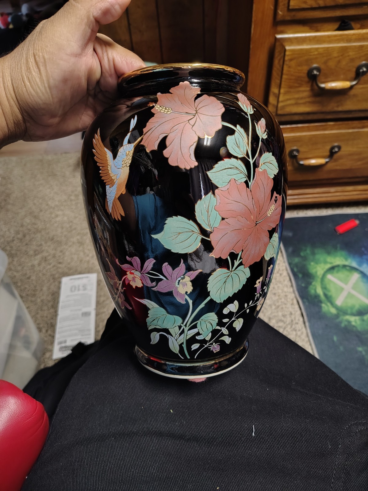 Japan Satsuma Porcelain Vase Kutani Gold Hummingbird & Hibiscus Flower  10\