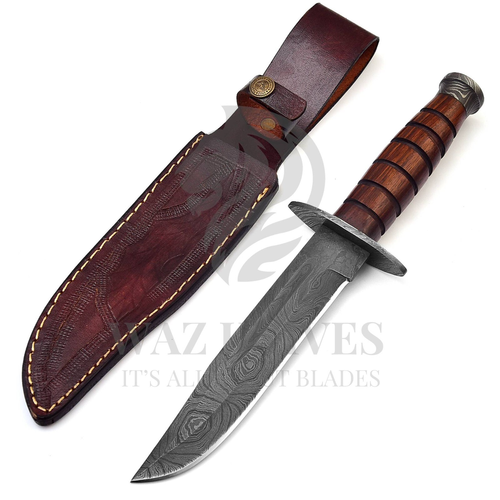 Ka-Bar USMC A+ Copy in Damascus Steel Combat Knife Wood Handle And LeatherSheath