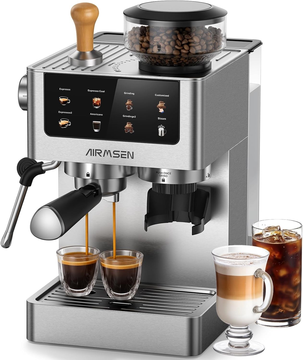 AIRMSEN 20 Bar Espresso Machine, Burr Grinder, Milk Frother, Stainless Steel AIRMSEN 20 Bar Espresso Machine, Burr Grinder, Milk Frother, Stainless Steel
