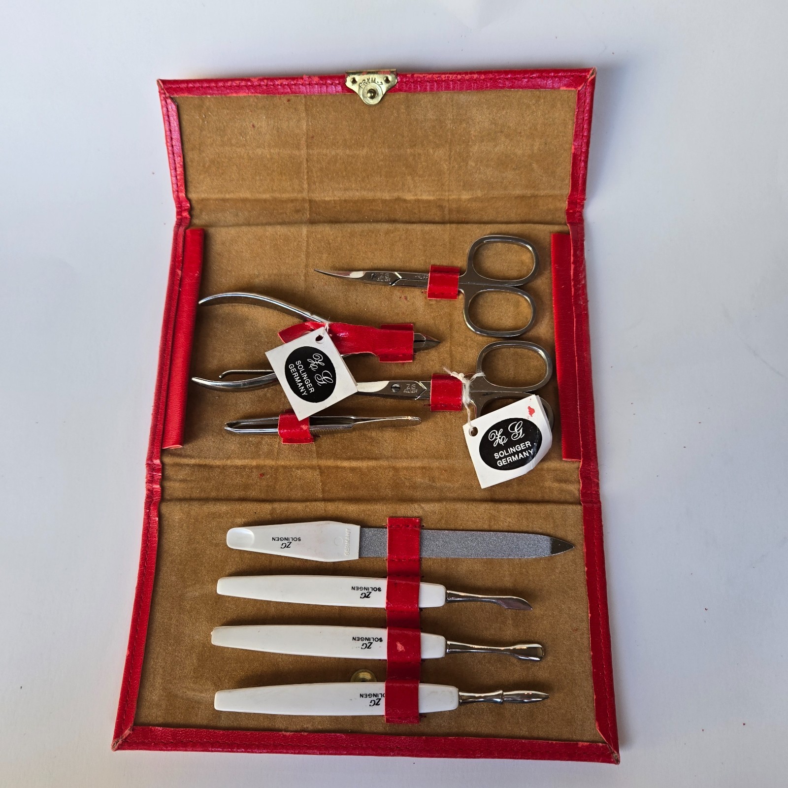 Vintage Solingen Germany 8 Piece Nail Manicure Set New With Tags Leather Case
