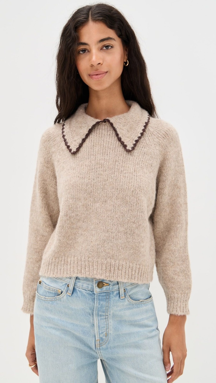 The Great Crochet Collar Pullover in Oat Brown 1 Small Womens Sweater
