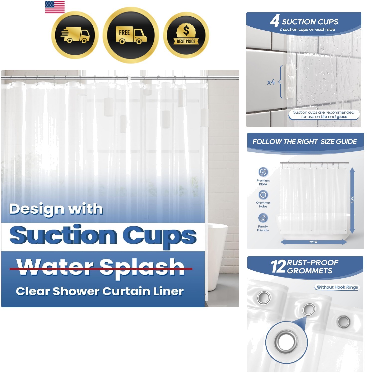 Clear Shower Curtain Liner with Suction Cups, 72x72, Lightweight Clear Shower Curtain Liner with Suction Cups, 72x72, Lightweight