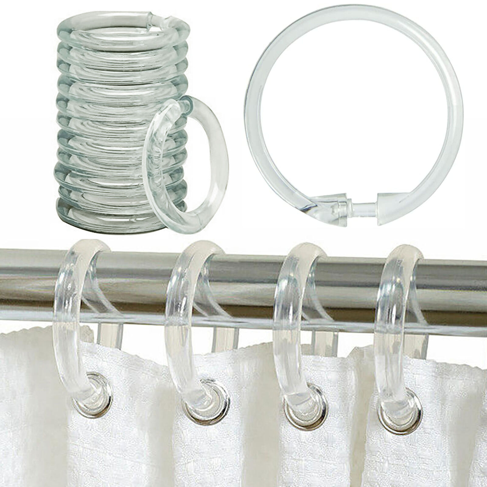 12 Pc Plastic Curtain Round Rings Clear Shower Hooks Rod Bathroom Shades Drapes