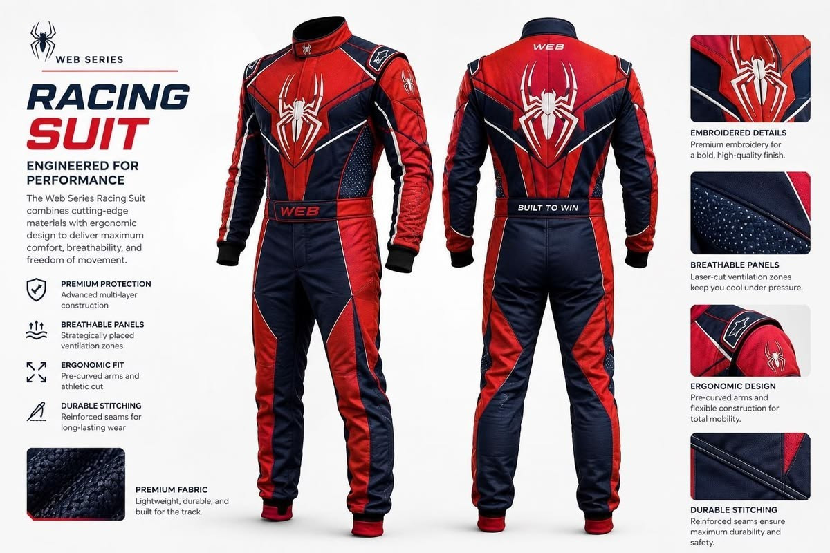 Web Racer F1 Suit | Red Blue Web Graphics, Motorsport Karting Gear