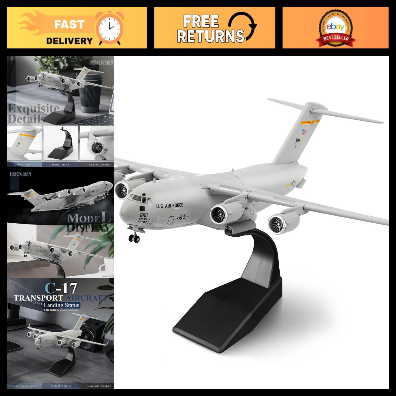 1/200 Scale US Air Force C-17 Global Overlord Diecast Model Aircraft - Military