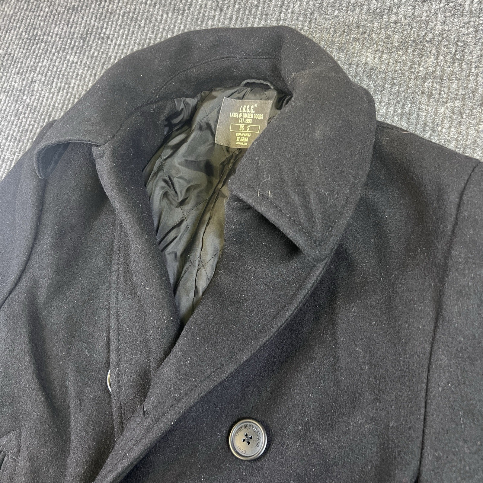 H&M L.O.G.G. Men\'s Wool Blend Peacoat Black Size Small Double Breasted Jacket