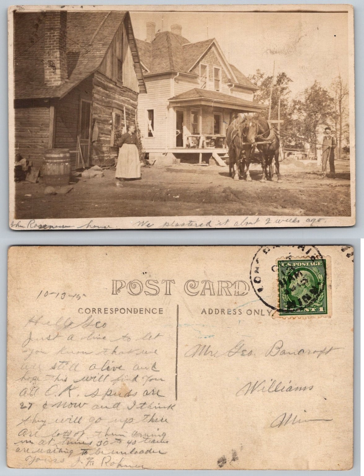 1914 RPPC The Roseman House Ohio Farm Home Horses Log Cabin Photo Postcard