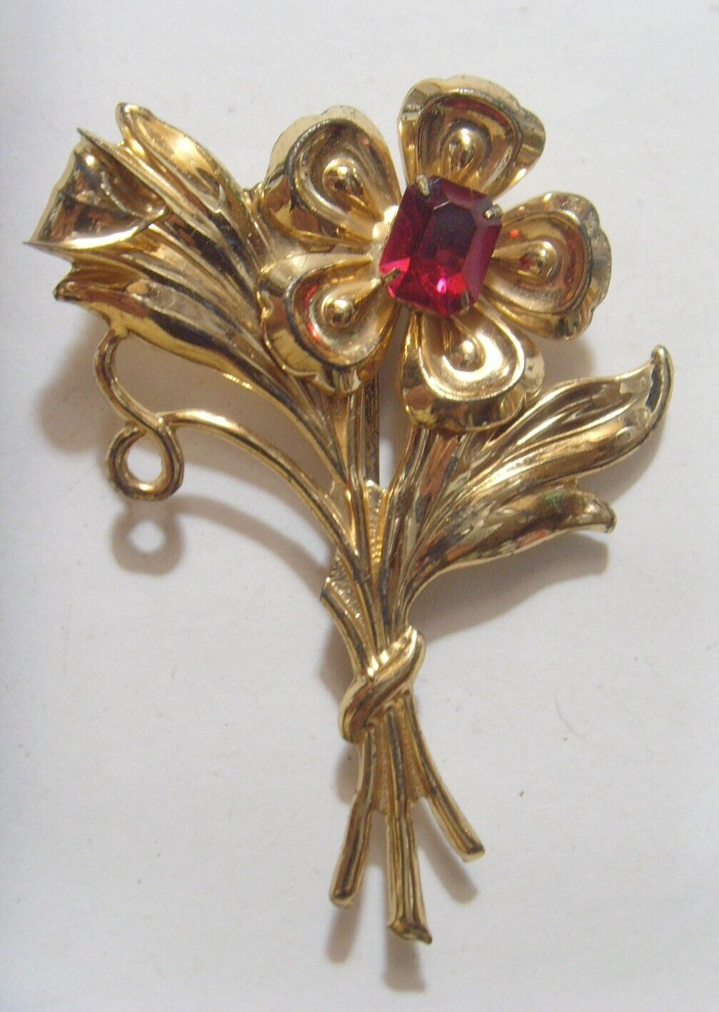 1930s antiq sterling silver gold vermeil floral brooch faux ruby gem stone 53647