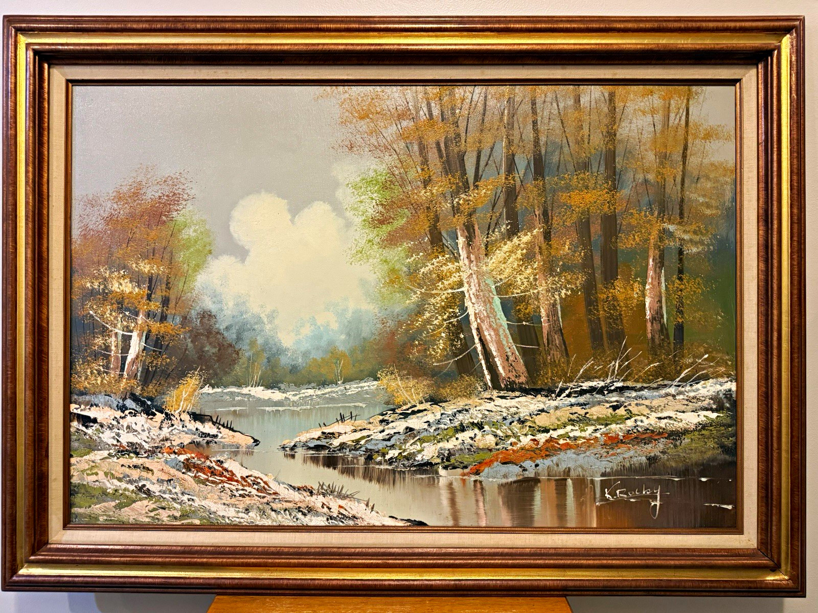 VTG MCM Large Framed Oil Painting Landscape Wooded River Forest H. Rocky 24x36
