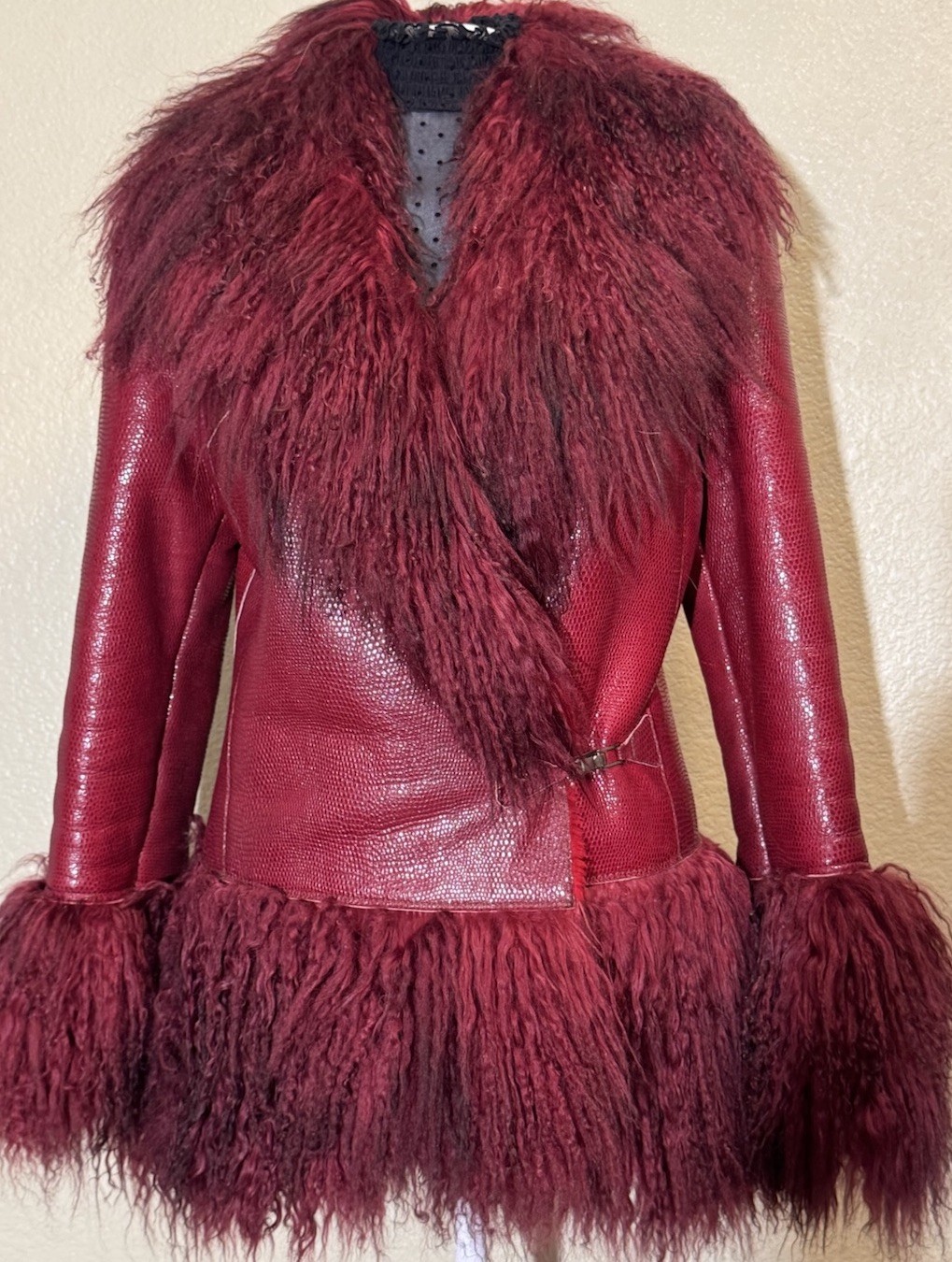 Real Shearling Textured Leather Genuine Mongolian Lamb Fur Trim Shaggy Luxury. L