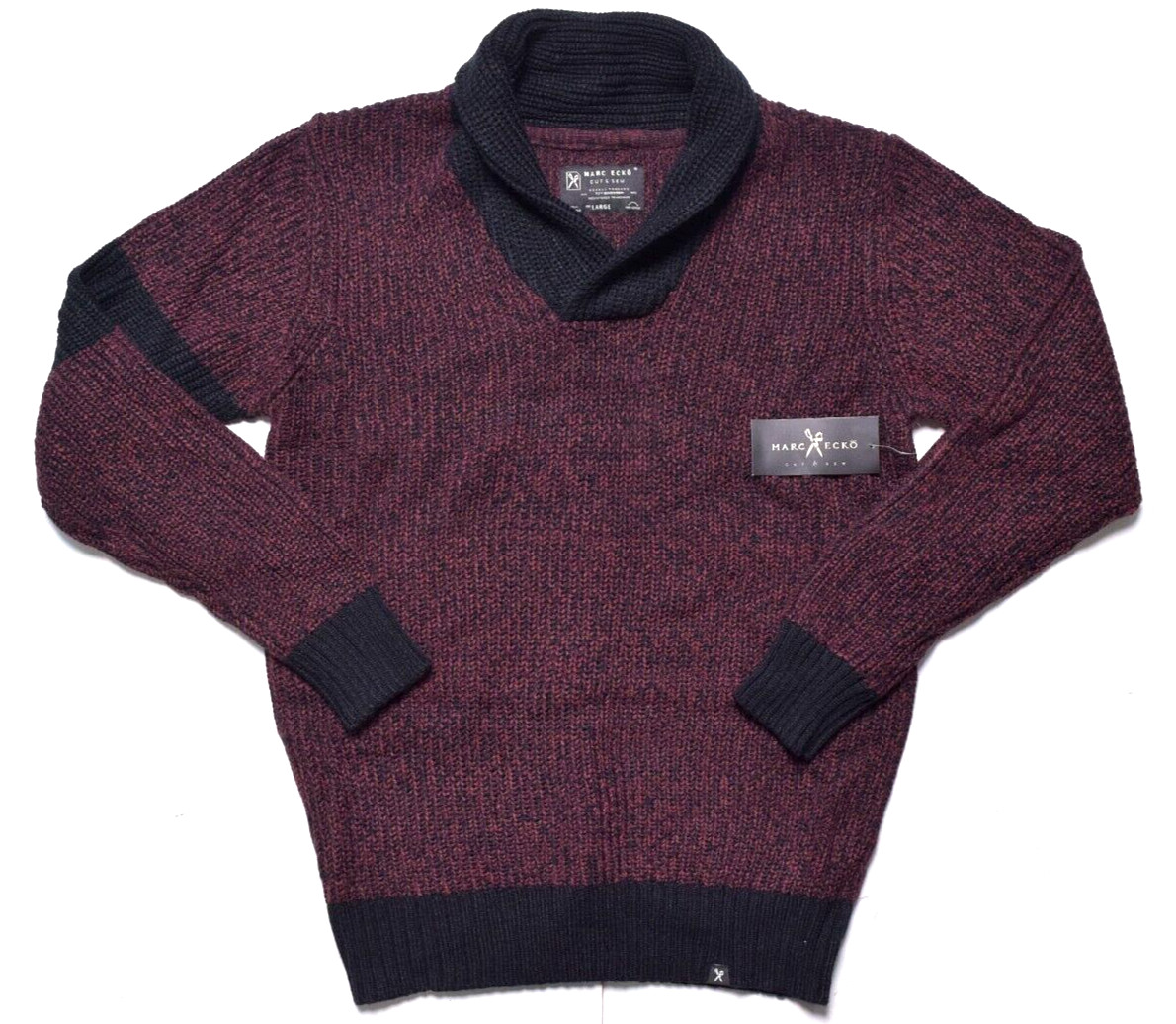 Marc Ecko Mens Shawl Sweater Large Acrylic Knit Wine Red Maroon Black $89.50 NWT