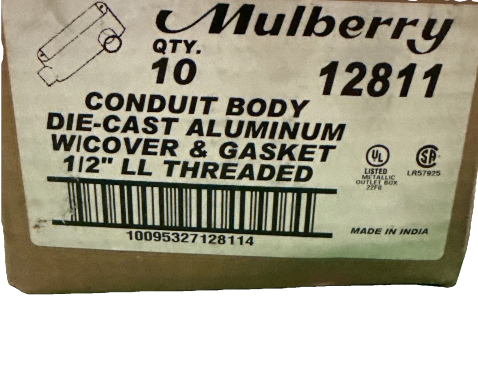 Ten (10) Mulberry 12811 1/2” LL Threaded Aluminum Conduit Bodies With Covers New Ten (10) Mulberry 12811 1/2” LL Threaded Aluminum Conduit Bodies With Covers New