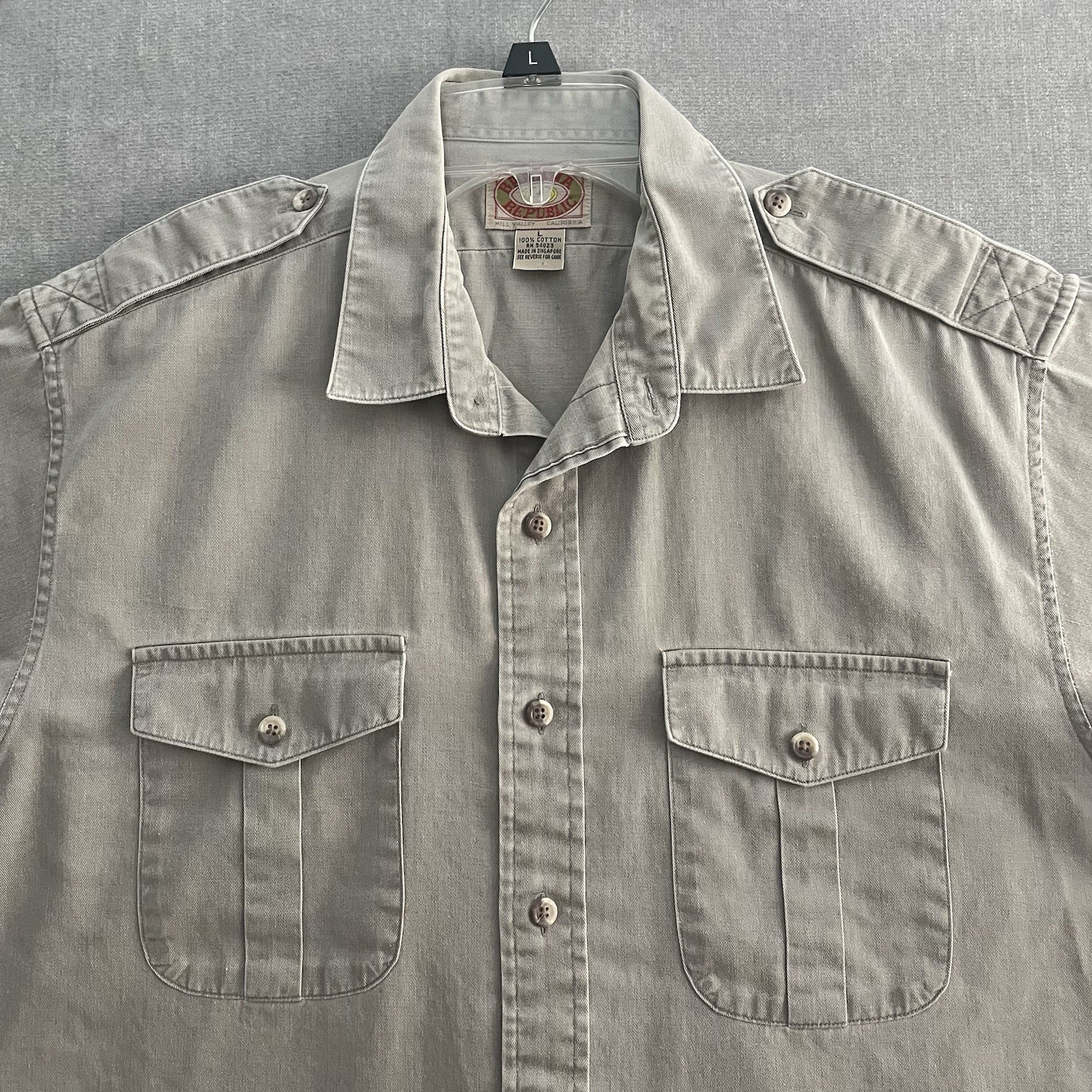VTG Banana Republic Bush Shirt Mens Gray Epaulets Safari Utility Cotton Size L