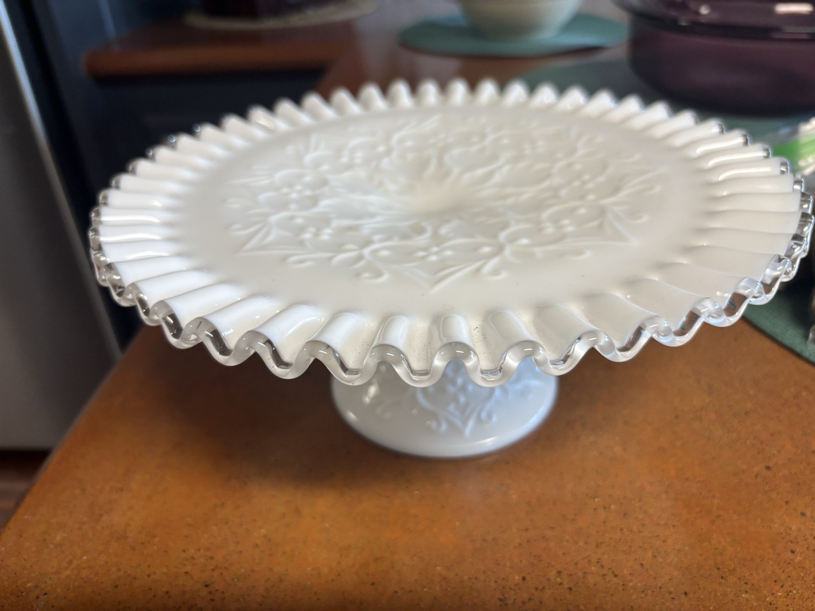 Vintage Fenton White Milk Glass Cake Stand Pedestal Plate Spanish Lace Unused