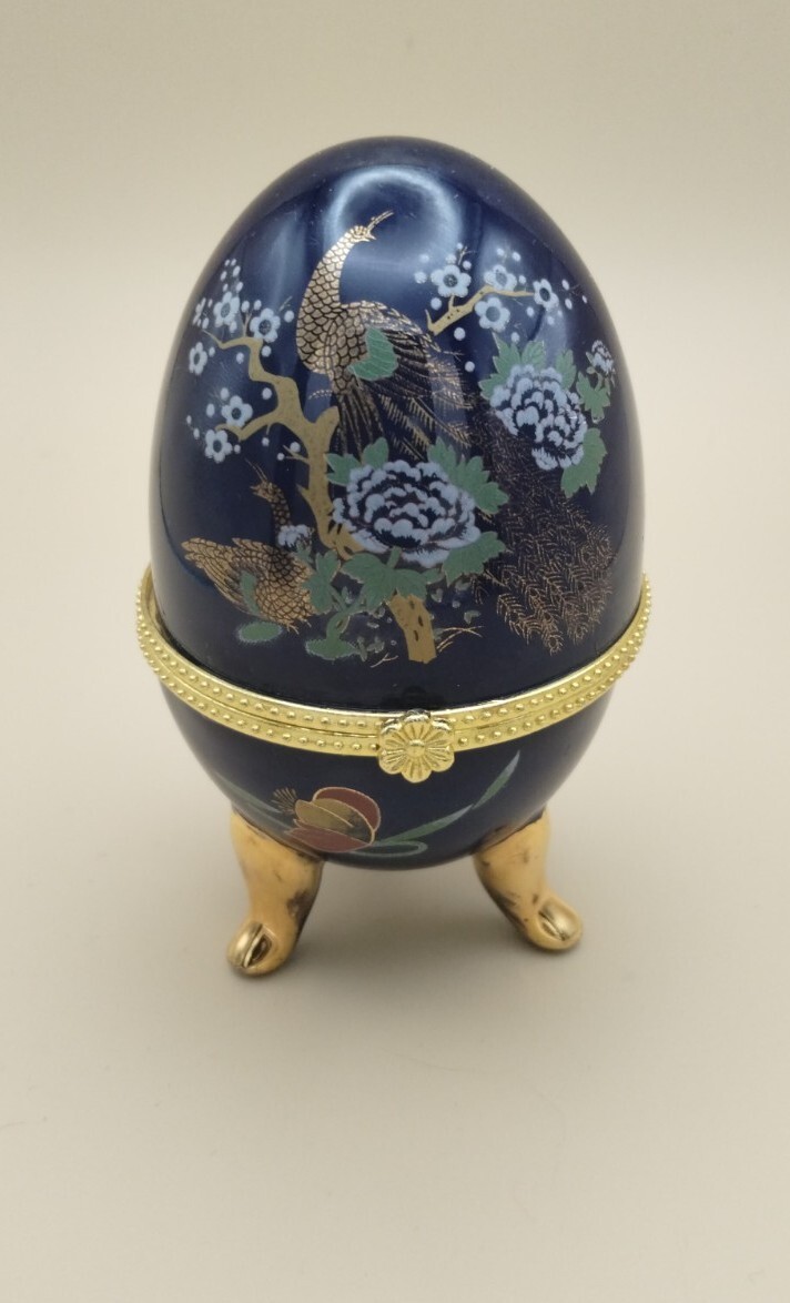 Vtg Egg Limoges Blue Floral Bird Gold Accents Porcelain 3.5