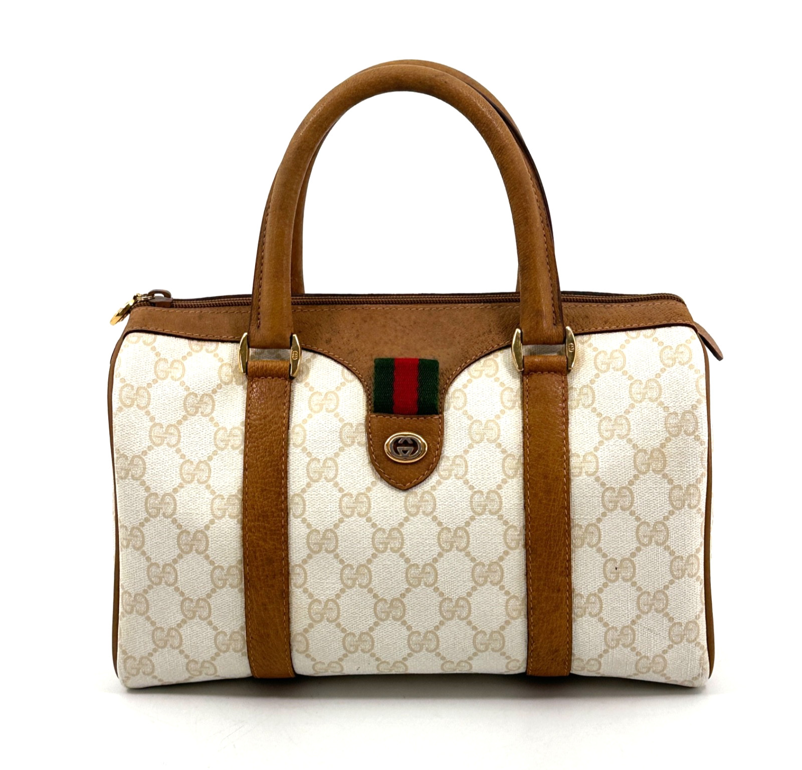 Vintage GUCCI Mini Boston Bag GG Sherry Line PVC Ivory Hangbag Authentic