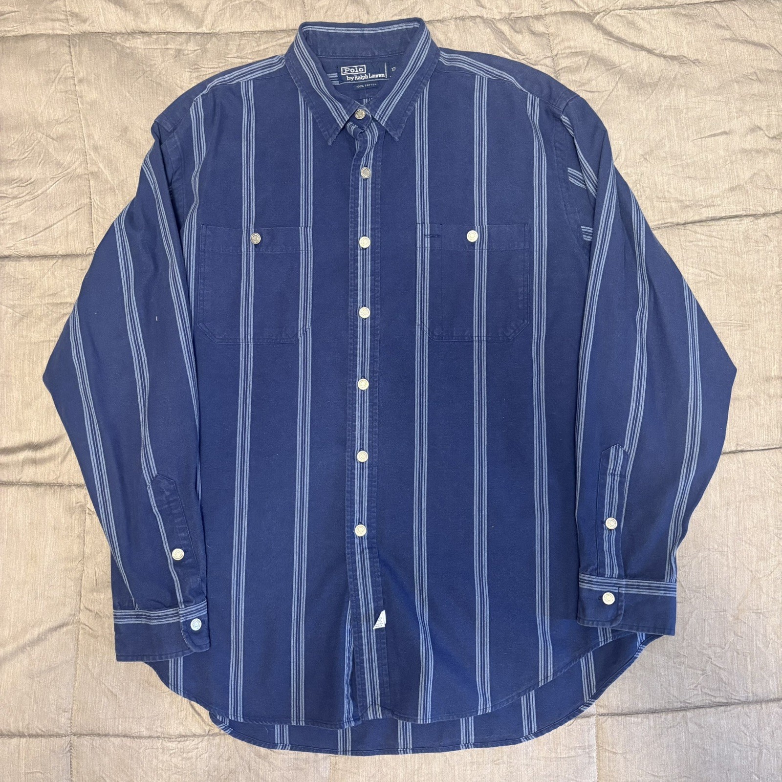 VTG Polo Ralph Lauren Shirt Mens L Navy Stripe cotton Preppy metal buttons 90s VTG Polo Ralph Lauren Shirt Mens L Navy Stripe cotton Preppy metal buttons 90s