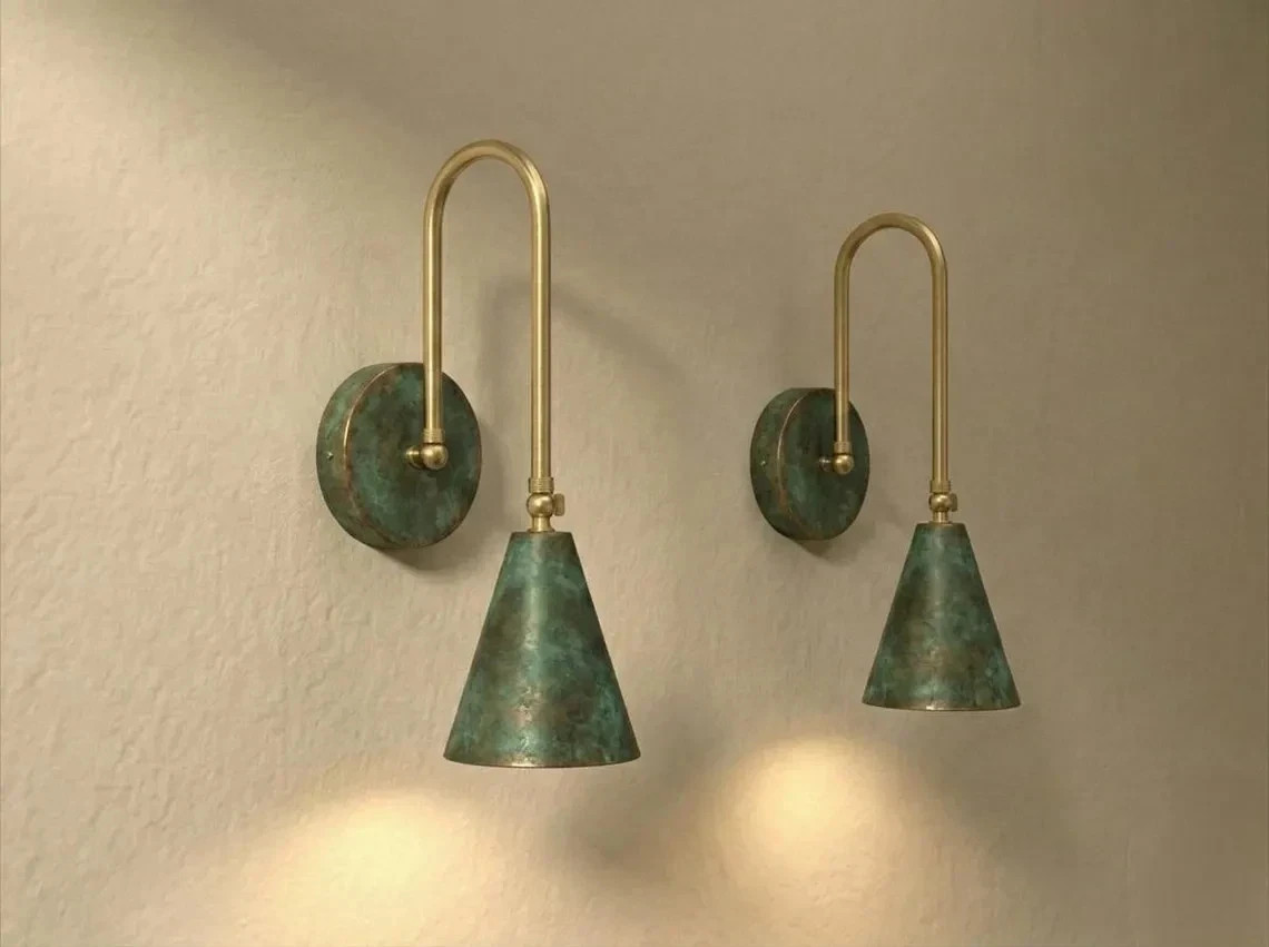 Vintage Green Patina Brass Wall Sconce Mid Century Cone Bedside Lamp Wall Light