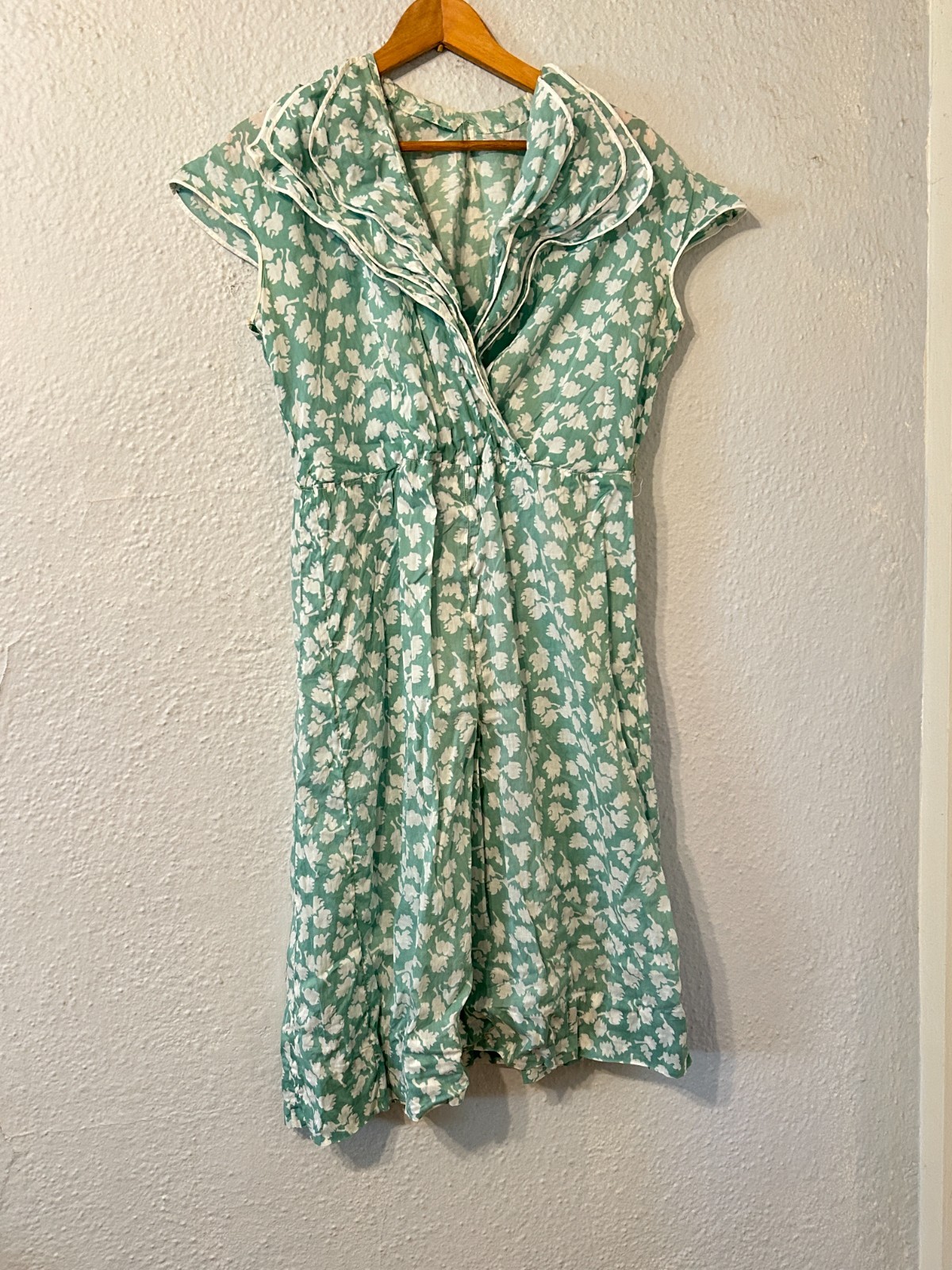 Vintage 1930\'s Womens Sz M/L Green Floral Day Dress Ruffle Collar Cotton Jacket