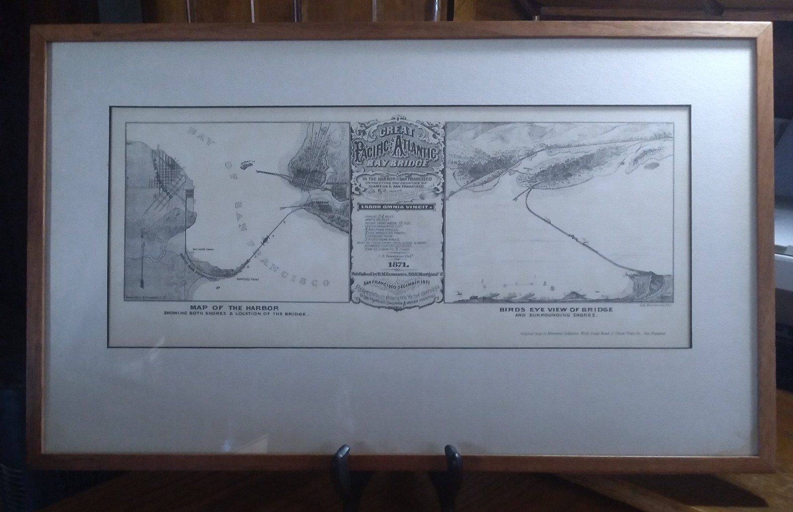 Framed Map - Great Pacific and Atlantic Bay Bridge 1871 San Francisco Harbor