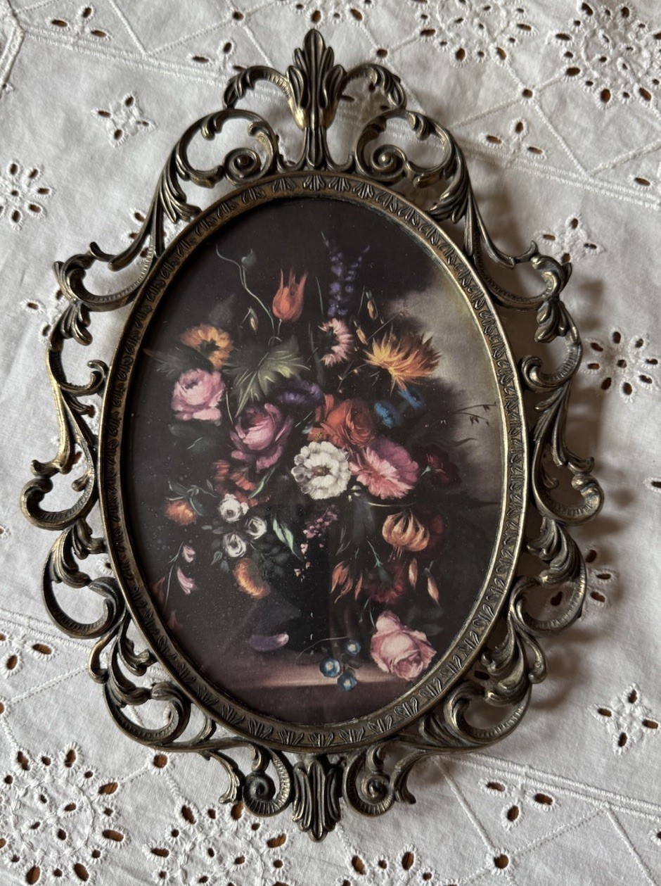 Vintage Italian Oval Brass Ornate Frame Floral Picture Convex Bubble Glass Italy