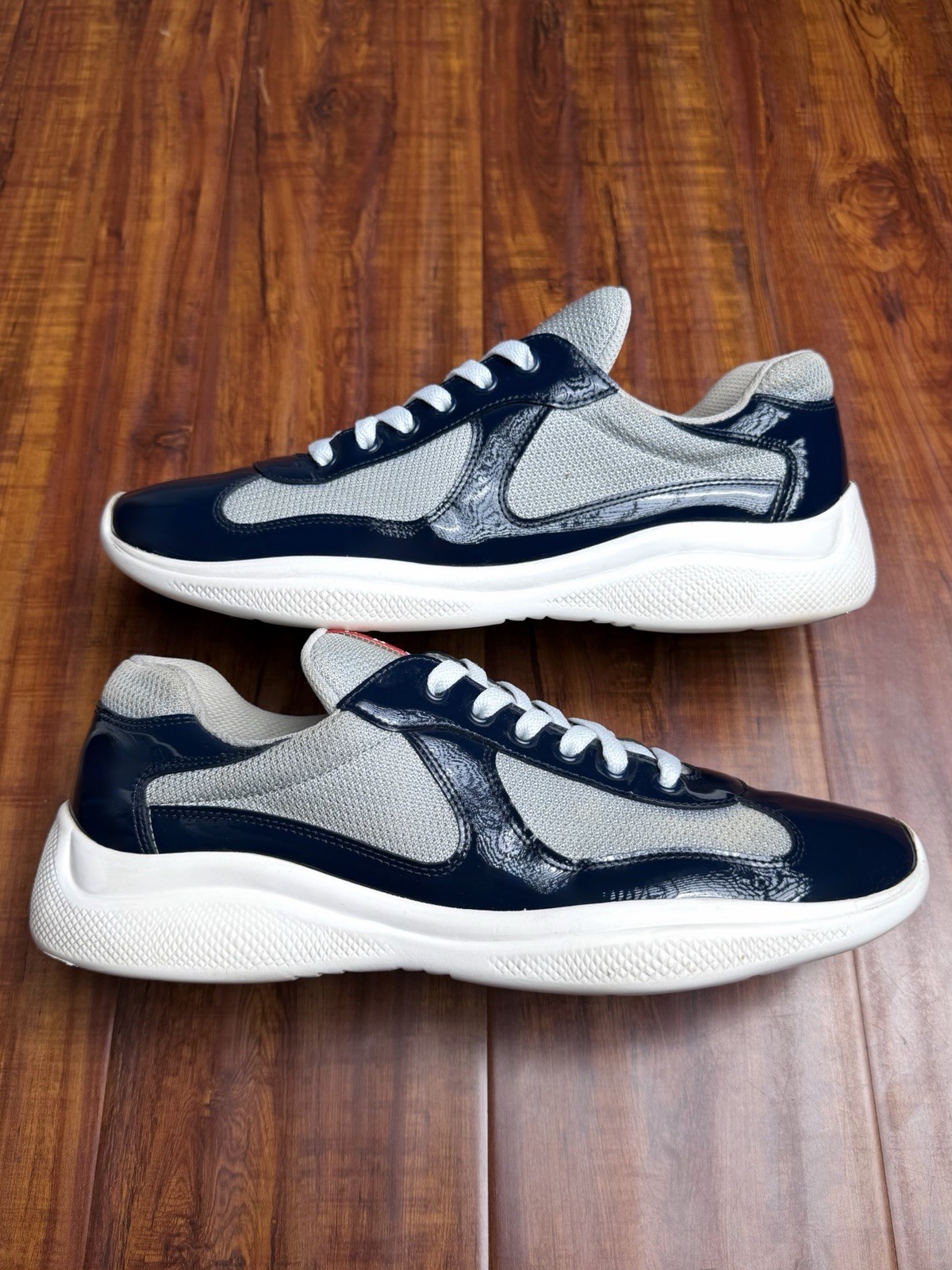 Prada American Cup Patent Navy Blue White Grey Mens Sneakers - Size 9.5P 10.5US Prada American Cup Patent Navy Blue White Grey Mens Sneakers - Size 9.5P 10.5US