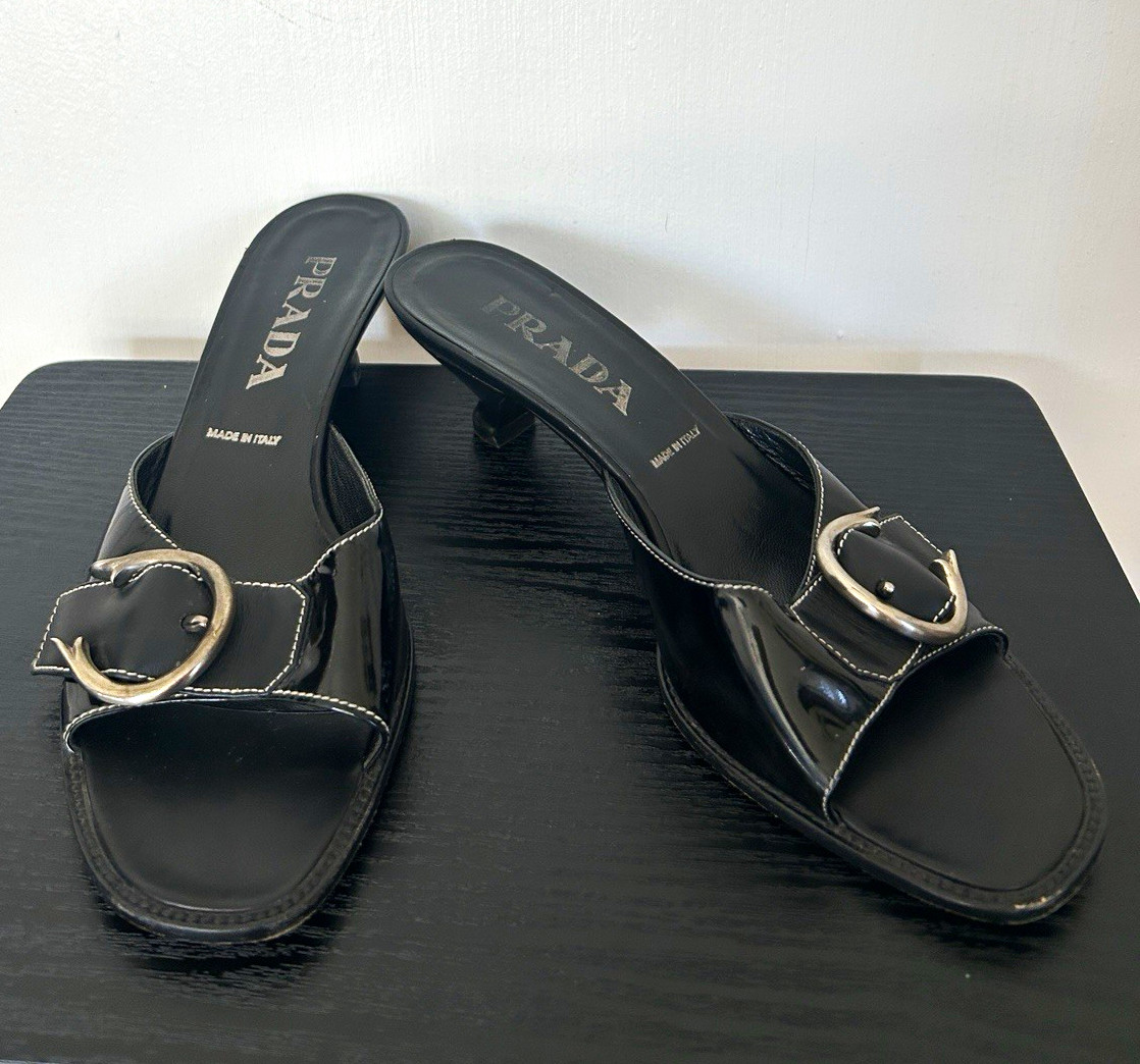 PRADA Women’s Black Patent Leather Buckle Mule Heels Open Toe Slip On 8