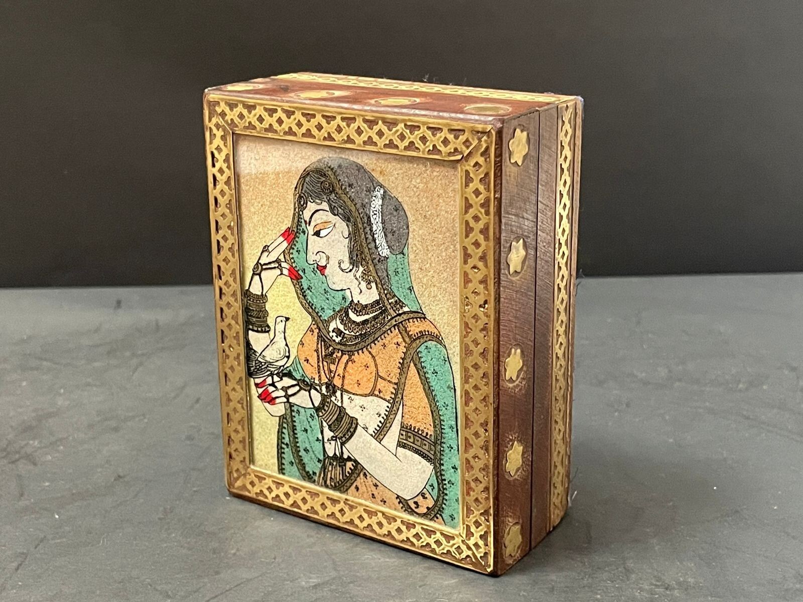 Old Antique Handmade Wooden & Brass Fitted Glass Gem Stone Painting Jewelry Box