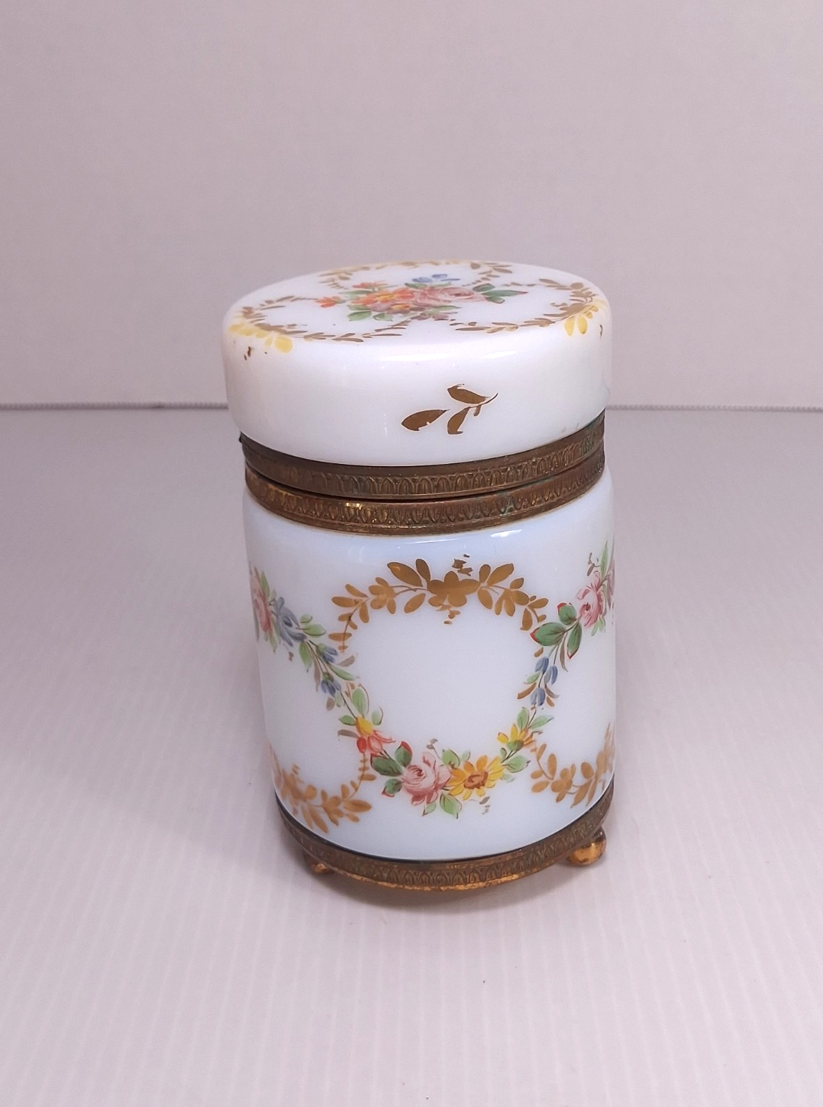 Antique French White Opaline Vanity Jar Box Signed R. Noirot Hand Painted