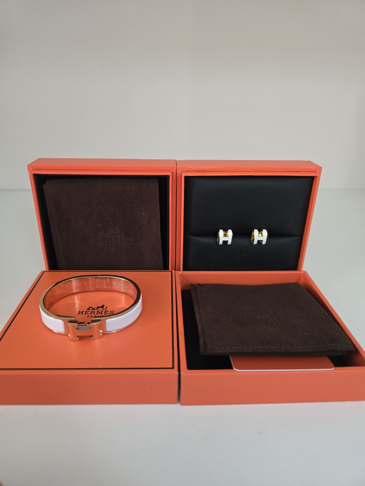 Hermès Clic H Bracelet & H Earrings Set White Gold Tone Designer Jewellery
