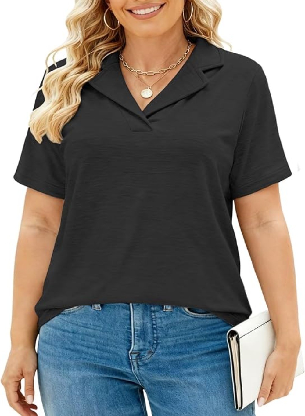 Plus Size Women Polo V Neck Shirts Collared Tops Casual Short Sleeve Tops XL-5X Plus Size Women Polo V Neck Shirts Collared Tops Casual Short Sleeve Tops XL-5X