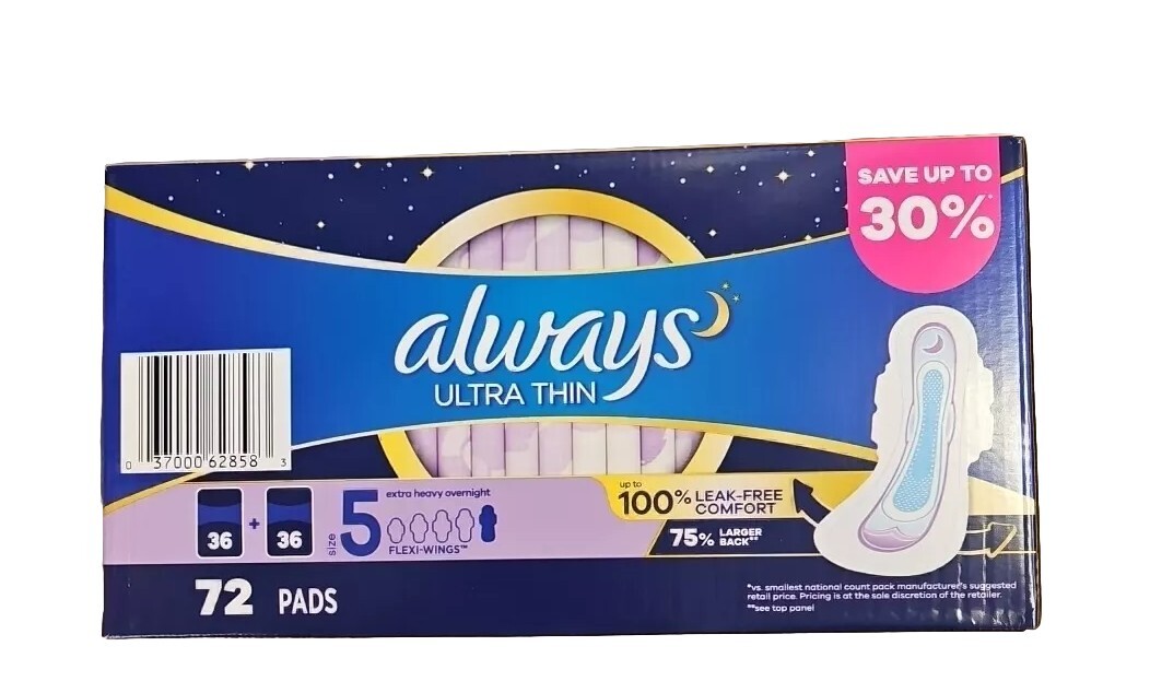 Always Ultra Thin Unscented Overnight Pads Flexi Wings Size 5 Jumbo Pack 72 Pads