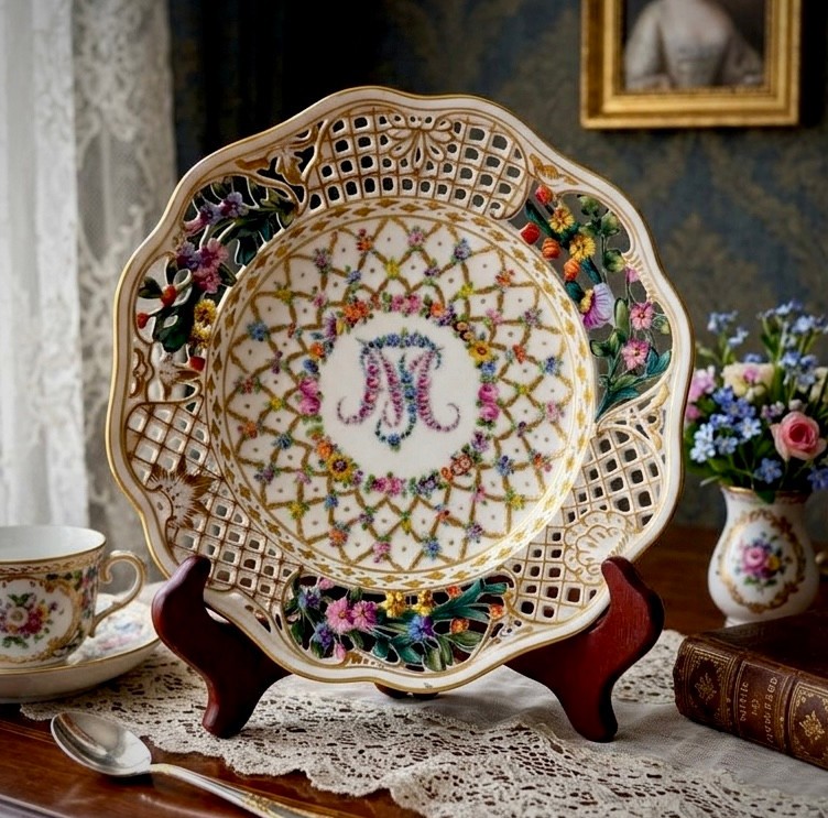 Carl Thieme Dresden MT Maria Theresa Monogram 8.5 Reticulated Plate Hand Painted