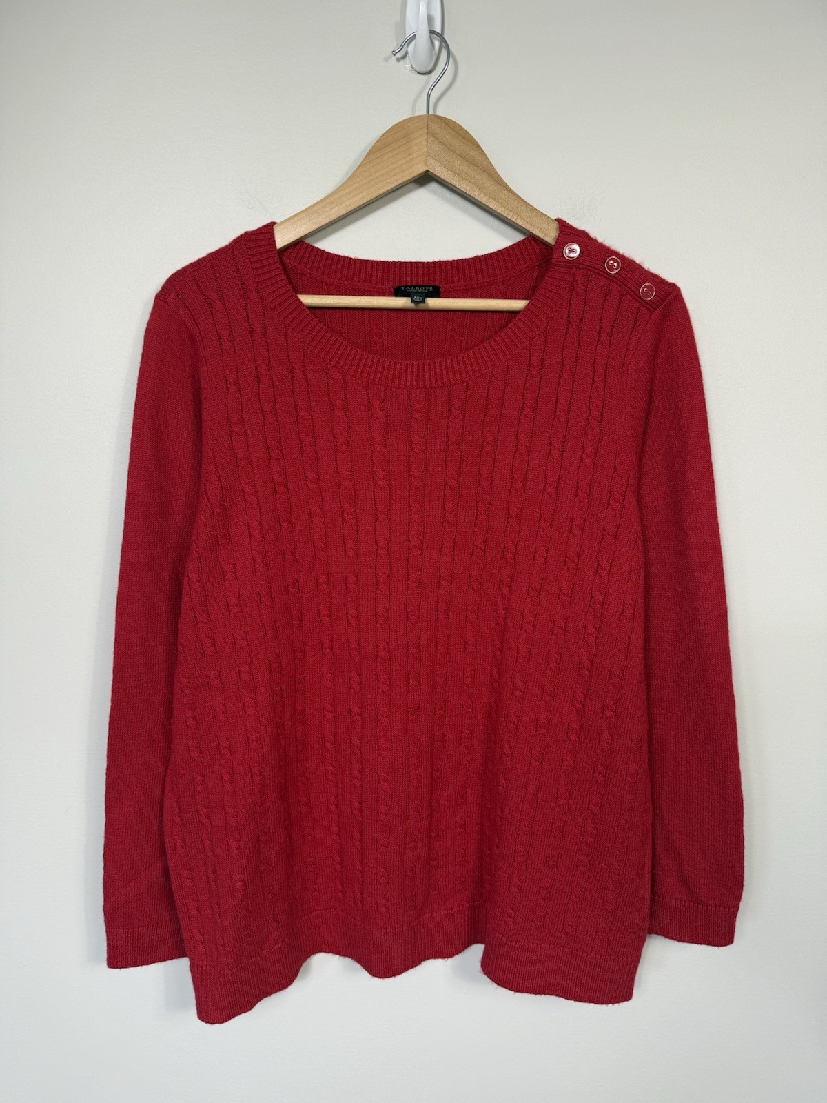 Talbots Cable Sweater Women XL Petite Red Cotton Classic Button Shoulder Holiday Talbots Cable Sweater Women XL Petite Red Cotton Classic Button Shoulder Holiday